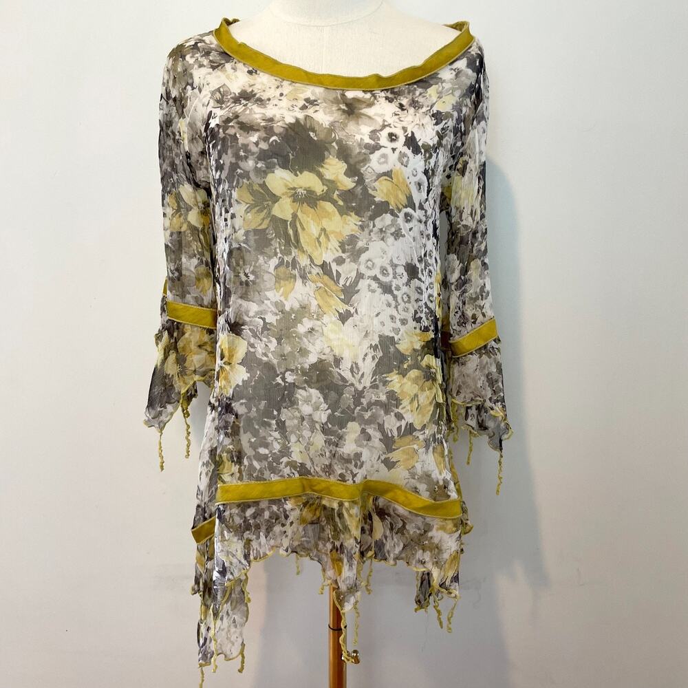 Vintage Y2k Sheer Silk Forest Fairy Top Medium Velvet Trim Etherial Floral